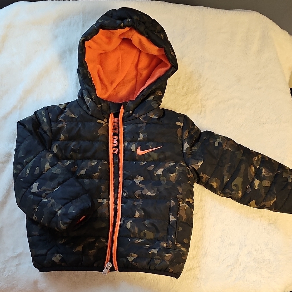 Nike Camo Puffer Jacket with Orange Lining; Size 18 months